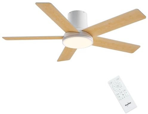 Newday 132cm Groß Deckenventilatoren Holz Flach mit Beleuchtung Leise | Mit Fernbedienung, 7 Geschwindigkeitsmodi, Stufenlos Dimmbare, 3 Zeiter, 5 Flügel für Schlafzimmer Wohnzimmer