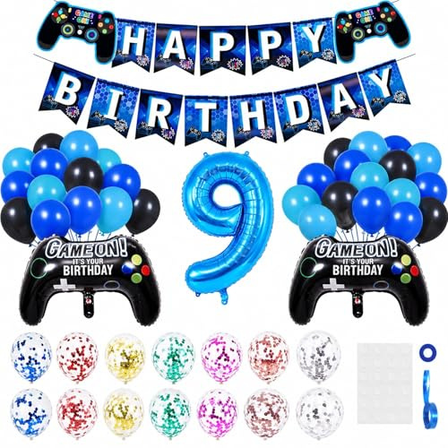 47PCS Gaming Birthday Decorations, Balloons and Banner Set | Rubber balloons with controller balloons, number 9 balloon and birthday banner for gaming themed party displays