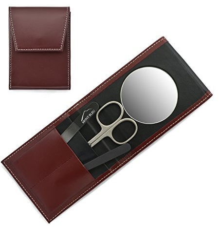 Mont Bleu 3-piece Manicure Set with Mirror and Crystal Nail File, in Premium Red Leathere Case | Italian Scissors - Czech Crystal Nail File - Unique German Case with a Mirror