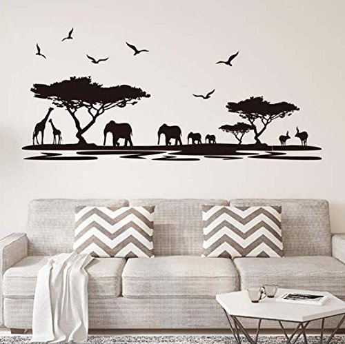 ufengke African Safari Silhouette Wall Stickers for Living Room Bedroom | Trees Elephant Giraffe Birds Antelope Black Decorative Removable DIY Vinyl Wall Decals