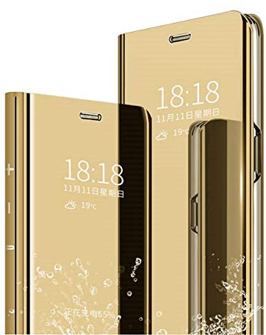 MLOTECH Smart Handyhülle für Huawei Mate 20 PRO Hülle und [2 Stücke] Curved Full Display schutzfolie Flip Transluzent View Miroir Spiegel Standfunktion Cover -Gold