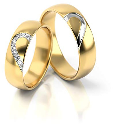 JC Trauringe Gold Paarpreis Poliert I Traumhafte Eheringe breit 5 mm I Einmalige romantische Herz-Design Partnerringe Gelbgold mit Gravur I 2 Hochzeitsringe Herrenring & Damenring mit Steinen I PL315