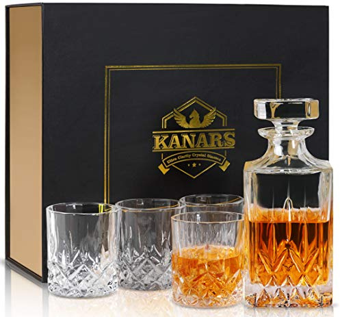 KANARS Juego de decantador de whisky y vasos en caja de regalo única, juego de decantador de licor de cristal original para bourbon, escocés, vodka, ron o whisky, 5 piezas, regalos para hombres y