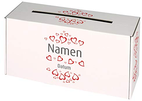 Herz & Heim® Geldbox Briefbox für Hochzeit mit persönlichem Aufdruck der Namen des Brautpaares Herzen