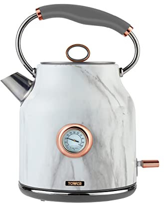 Tower Bottega T10020WMRG 3kW Stainless Steel Kettle with Quiet Boil, Temperature Dial and Boil Dry Protection, 1.7L, 3kW