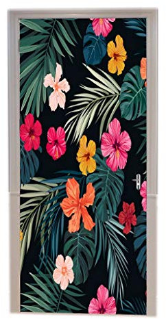 A.Monamour Stickers Muraux Motif De Feuilles De Palmier Dessinées À La Main De Fleurs d'hibiscus Tropical Fond Foncé Vinyle Chambre Porte Stickers Papier Peint Peintures Murales Porte Autocollants