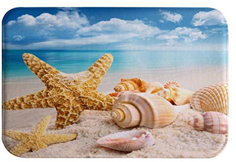 A.Monamour Badematten Badteppiche Badvorleger Seesterne Muscheln Am Sandstrand Blauer Himmel Weiße Wolken Blau Ozean Natur Landschaft Flanell rutschfeste Teppichboden Teppiche Zimmermatte 40x60cm