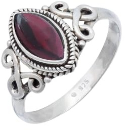 mantraroma Damen Silberring 925 mit Granat – ellipsenförmiger Cabochon Edelstein Ring, Vintage Statement Schmuck Geschenkidee