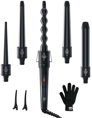 5 in 1 Curling Wand Set: Ohuhu Curling Iron Wand 5Pcs 0.35 to 1.25 Inch Interchangeable Ceramic Barrel Heat Protective Glove 2 Clips Dual Voltage Hair Curler for Girl Women Mother's Day Gift Black