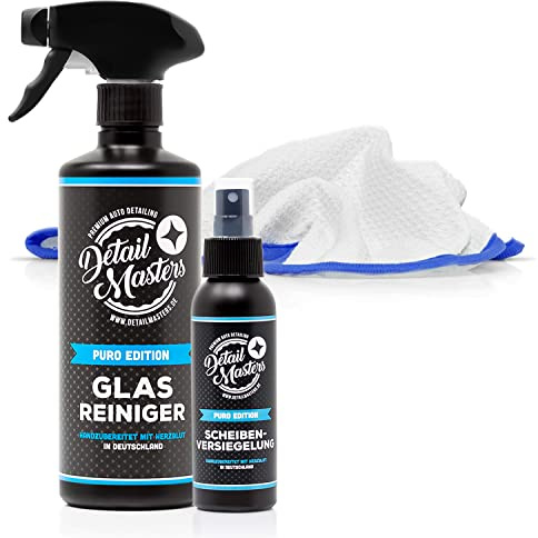 detailmate Autopflege Set - DetailMasters -Glasreinigung/Versiegelung Set- Glasreinger 500ml + Puro Scheibenversiegelung 100ml + Microfiber Monkey Microfaser Waffeltuch für die Scheibenreinigung