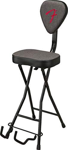 Fender 351 Sitz- und Gitarrenständer-Kombination, Zusammenklappbares Design, Abnehmbare Rückenlehne, Grauer Tweed-Stoff, rutschfeste Füße