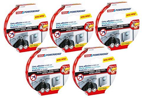 TESA Powerbond Ultra Strong Montageband/Doppelseitiges Klebeband für eine besonders starke und dauerhafte Befestigung ohne Bohren (5er Pack / 5m:19mm, Standard)