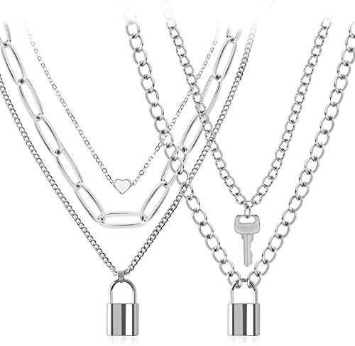 PHOGARY 2 Pezzi Punk Catena Ciondolo Collana Lungo Multistrato Grosso, Collana con Chiusura Pendente Lega Collana con Lucchetto per Donna e Ragazza