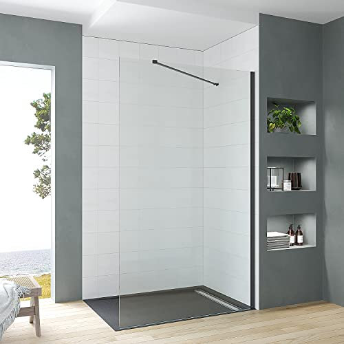 Duschwand Glas schwarz matt 90x200 cm Duschabtrennung Walk-in Dusche Duschkabine Duschtrennwand Begehbare Glastrennwand Sicherheitsglas 8 mm klar mit NANO inkl. Stabilisationsbügel winkelbar