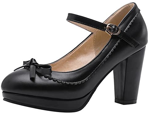 Mary Jane Shoes for Women Elegant Dress High Heels Buckle Block Heel Party Court Shoes with Platform Bowknot, 002 Black Size 0.5 UK/32