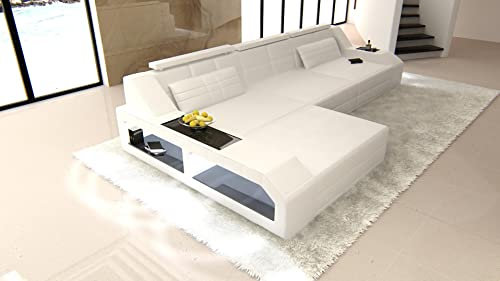 Ledersofa Arezzo L Form Sofa - mit LED Beleuchtung, verstellbare Kopfstützen, Recamiere/Lederfarben wählbar/Ausrichtung Ottomane wählbar (Ottomane Links, White)