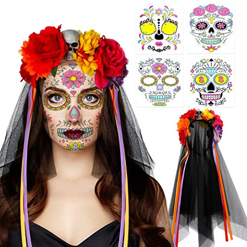 DPKOW Tag Der Toten Haarreif und Schleier Totenkopf Gesicht Tattoos Dia De Los Muertos Haarreif la Catrina Kostüm Mexikanisches Totenfest Kopfschmuck Halloween Tag Der Toten Kostüm Accessoires Damen