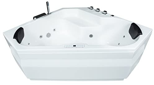Basera® PREMIUM Indoor Eck-Whirlpool Badewanne Capri 145 x 145 cm mit 24 Massagedüsen, Heizung, Ozongenerator, Bodenansaugung, Wasserfall, LED-Ambiente, Touchpanel, Bluetooth, Radio