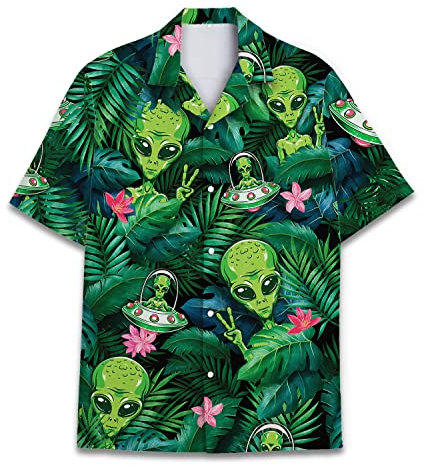 Lustiges Pferd Hawaiihemden für Männer und Frauen, Liebespferderennen Hawaii-Sommer Kurzarm Casual Relaxed Fit Button-Down, Alien, Mittel