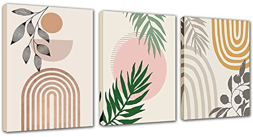 Abstract Framed Boho Wall Decor - 3 Pieces Green and Grey Plant Canvas Wall Art Sun and Moon Nature Floral Pictures Artwork Decoration for Bedroon Bathroom Living Room Kitchen 12x16inch Ready to Hang
