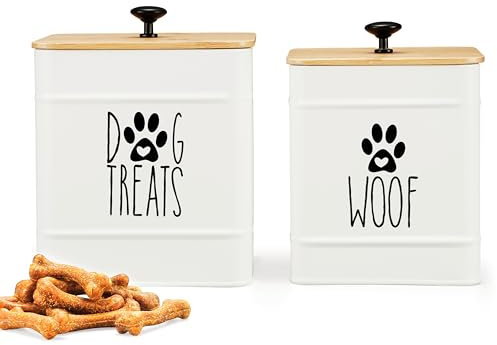 PERFNIQUE Dog Treat Container, Dog Treat Jar Set of 2 with Airtight Lid, Dog Cookie Jar for kitchen Counter, Pet Treat Container, Dog Treat Canister and Storage, 7.8x6.2 & 7.3x5.5(White)