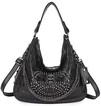 AlwaySky Damen Totenkopf Tote Schulter Geldbörse Handtasche Kunstleder Gothic Kette Nieten Satchel, Schwarz, Einheitsgröße