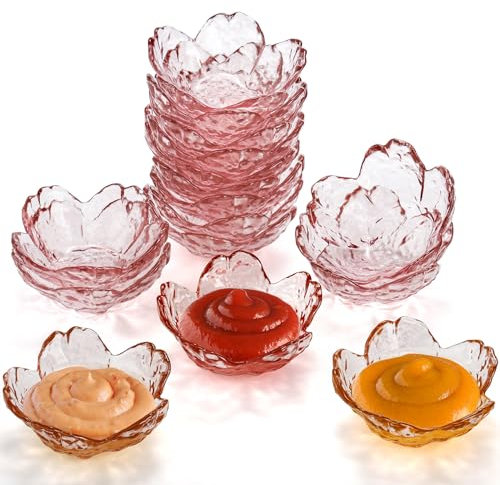 ZEAYEA Set of 16 Glass Soy Sauce Dish, Sakura Shape Pink Dipping Bowls, Small Seasoning Dishes Appetizer Plates for Condiment Sushi Ketchup BBQ Party