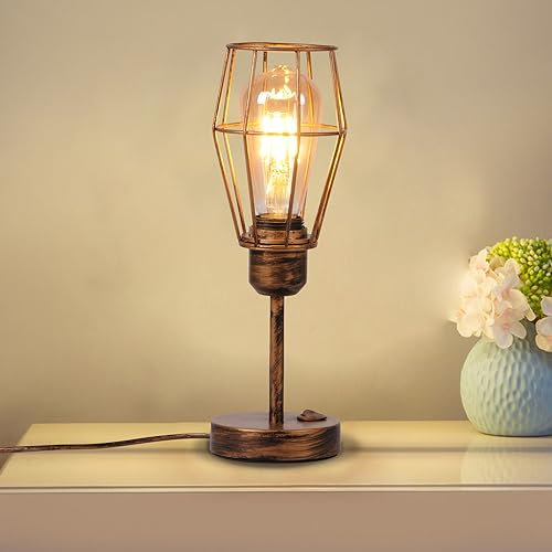 TWSXTE E27 Tischleuchte Metallkäfigleuchte Tisch LED Schreibtisch Nachttischlampe Schlafzimmer Lesen Rustikal Industrielle Vintage LED Nachttischlampe Dekorativ (ohne Glühbirne)
