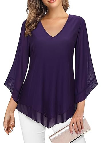 Gemulate Ladies Tops, Chiffon Tops for Women UK 3/4 Sleeve Purple Top for Women UK Ladies Evening Tunic Elegant Layered V Neck Blouses Overlay Sparkly Flowy Top-Dark Purple, M