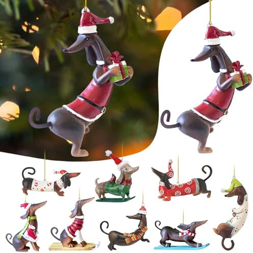 7 Stück Dackel Weihnachtsbaumschmuck Cute Acryl Tannenbaumschmuck WeihnachtsanhäNger Hund Flat Decorations Auto Ornament Geschenke, Niedlicher Acryl Anhänger Weihnachts Deko (Rot 9pcs, One Size)