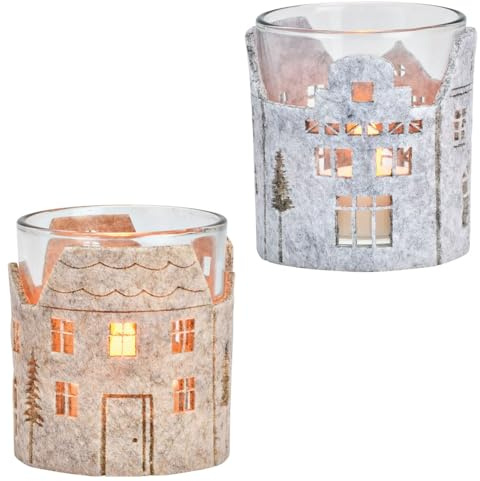 matches21 Schöne Windlichter Set aus Glas als Weihnachtsdeko - Teelichtgläser mit Weihnachtsdorf aus Filz grau beige - Kerzenhalter skandinavische Deko für Innen Ø 7 x 8 cm