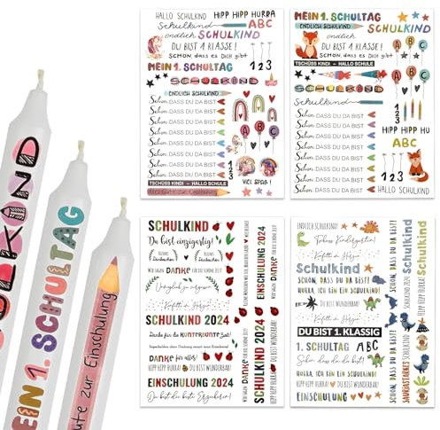 4 Bögen Einschulung Kerzentattoos,Schulanfang Wasserschiebefolie, DIY Schulanfang Kerzenaufkleber,Einschulung Kerzentattoos für Kerzen Keramik,Schulkind Kerzenfolie zur Feier des Schulanfangs