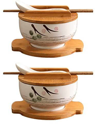 BGFYUSF Bol à Ramen avec Couvercle, cuillère, Bol à Soupe en céramique Blanche, Bol à Riz Peint à la Main, Vaisselle Vintage, Bol à Nouilles 6,5 Pouces (Noir 1000 ML (2 pièces))