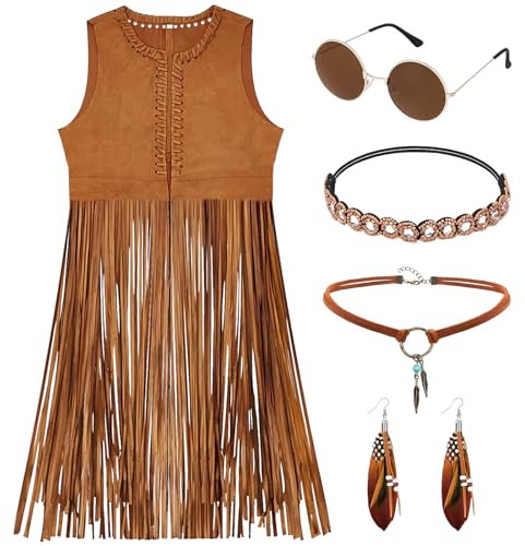 CHMMY Hippie Kleidung Damen Set 60er 70er Jahre Outfit Damen Mädchen Braun Fransen Weste Hippie Kostüm Fransenweste Hippie Accessoires Karneval Faschingskostüme Hallowee (L)