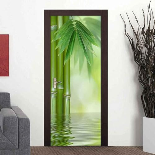 Sticker Porte Style Chinois Papier Peint Porte Spa En Bambou Vert 3D Stickers de Porte Trompe l'Oeil Autocollant de Décoration pour Porte Mural Salon Chambre Poster Porte 85x200 cm a37