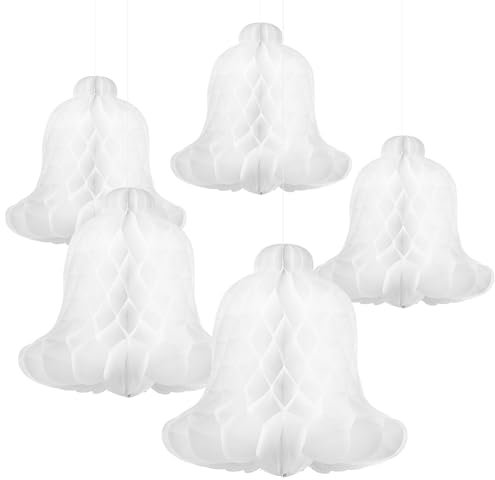 5 Pièces de Cloches Noël en Nid d'abeille: Cloches Suspendues Blanches pour Décorations de Mariage - 12 inch Cloches en Nid d'abeille en Papier pour Mariages, Naissance, Anniversaires, Fêtes de Noël