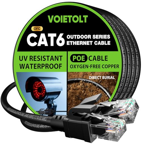VOIETOLT Outdoor Cat6 Ethernet Cable 20Meter, Pure Copper, POE+, Direct Burial Internet Cable, LLDPE, UV Resistant, Waterproof, Lan Network Cable Cord with 20 Ties