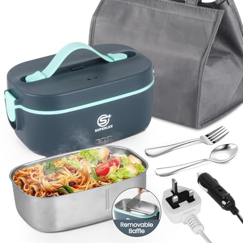 SUPERLEX 5-in-1 Electric Lunch Box 80W, 1.5L Leakproof Food Warmer for Car/Office/Travel, 12V/24V/110V/220V with Stainless Steel Container & Carry Bag