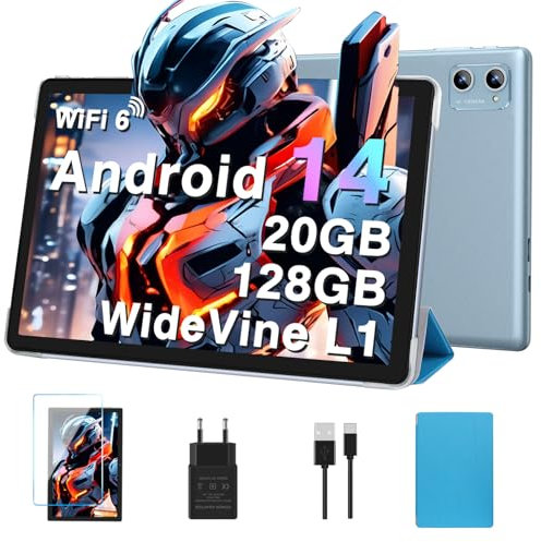 2025 Newest Android 14 Tablet 10 Pollici, 20(6+14)GB RAM+128GB ROM(TF 1TB), Octa Core 1.8GHz, 5G+2.4G Wi-Fi 6 | 1280 * 800 FHD| Widevine L1| BT5.0| 5MP+8MP| Widgets| GMS Tablet con Caso - Blu
