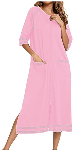 Womens Robes Dressing Gowns Stripes Zipper Three-Quarter Long Sleeve Bathrobe with Pocket Nightwear Sleepwear Ladies Nightdresses Nightshirts Full Length Soft Cotton Duster Coat Loungewear Fall Winter