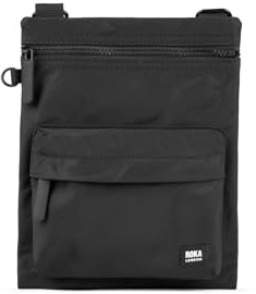 ROKA London Chelsea B Crossbody Phone Bag for Women & Men - Multi Pockets, Chunky Zip, Adjustable Strap for Mobile Phones, Wallet, Cards Recycled Nylon (All Black)