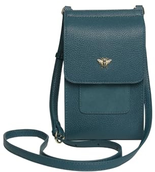 Alice Wheeler Mini Bloomsbury Phone Bag – Teal Vegan Leather – Crossbody with Gold Bee Emblem – Magnetic Closure – Adjustable Strap – 21 x 12 x 2.5 cm