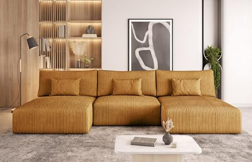 MODERNO Ecksofa mit Schlaffunktion und Bettkasten MODULO U - Wohnlandschaft U-Form Wohnzimmer - Modular Schlafsofa mit Kopfkissen - Modern Couch 315x152x80 cm - Senfgelb - Poso 42