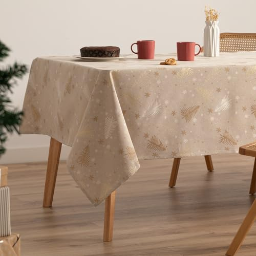 GAMUSI Tischdecke für Weihnachten, Jacquard, Goldgarn, Esstisch, rechteckig, Weihnachtsdekoration, 140 x 100 cm, Beige/Gold
