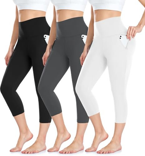 ACTINPUT Capri Leggings Damen 3/4 Caprihose High Waist Schwarz Sport Leggins mit Taschen Elastische Blickdicht Yogahose Sporthose Laufhose Sommer Große Größen Leggings(Schwarz/Dunkelgrau/Weiß,L-XL)