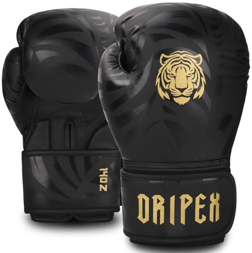 Dripex Gants de Boxe, Gants d'Entraînement de Boxe PU Cuir, Gants Sac de Frappe Homme Femme Boxing Gloves Professionnels pour Arts Martiaux Muay Thai Kickboxing MMA Adulte Jeunes Doré(14 oz)