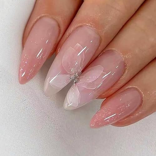 Ombre Pink French False Nails Medium Almond, SXVME French Pink Press on Nails with Floral Designs Rhinestone Full Cover Acrylic Fake Nails Press ons Spring Bling Stick on Nails for Women 24 Pcs