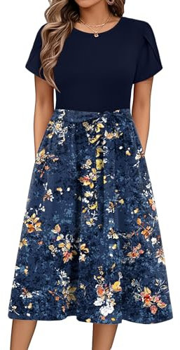 Zeagoo Damen Kleider Sommer Rundhals Blumenmuster Strandkleid Casual Wickelkleid mit Taschen Elegant Swing Kleid Knielang Kurzarm A Linie Business Kleider FloralC L
