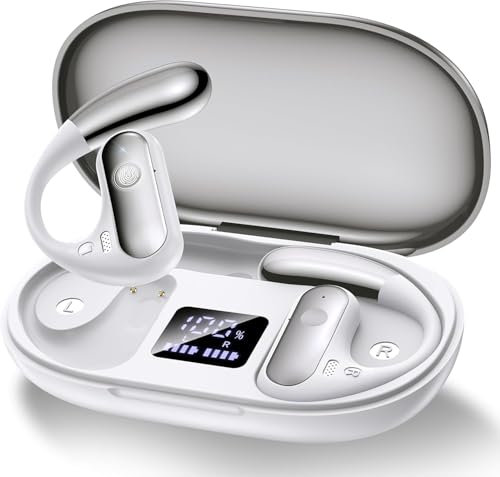 EUQQ Auricolari sportivi Bluetooth Bianco-Con tecnologia Bluetooth 5.4,design aperto,auricolari a conduzione ossea,fino a 50 ore di riproduzione,perfetti per sport,corsa e attività all'aperto