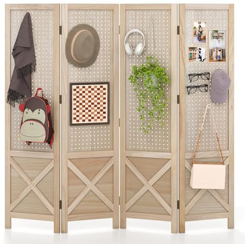 COSTWAY 4 Panel Folding Room Divider with Pegboard Display, Freestanding Wall Privacy Screen Protector, Solid Wood Room Partition Paravent Separator for Bedroom, Living Room and Office, 153.5x144cm